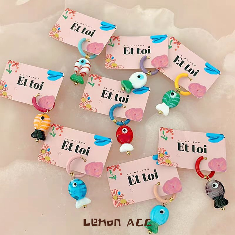 彩色琉璃小鱼耳环珐琅18K金耳圈