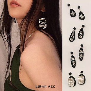 Lemon新款 兰花耳环耳夹女 古典手工螺钿工艺气质古风镶嵌贝壳长款