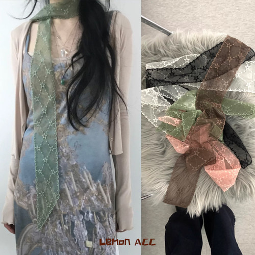 复古小众酒窝小卷同款y2k刺绣星星围巾女可爱细版丝巾千禧辣妹