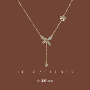 美女落泪纯银蝴蝶结项链锁骨链高级感气质轻奢小众长秋冬颈链配饰