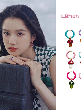 Lemon定制张婧仪同款Et Toi复古彩色琉璃波点蘑菇耳环少女18k耳圈
