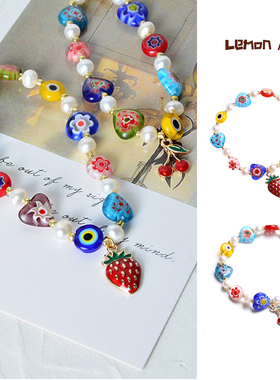 lisa同款。blackpink彩色琉璃小花手链夏天水果手饰