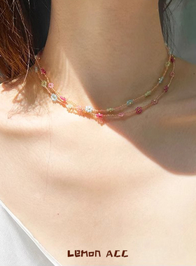 Lemon 小八王悦伊et同款极细手工甜美桃粉色水晶花朵串珠项链手链