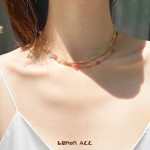 Lemon 极细手工甜美桃粉色水晶花朵串珠项链手链 小八王悦伊et同款