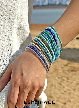 彩色串珠手链多色素圈细弹力手链小众设计叠戴手串ins