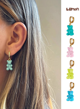 Lemon宋妍霏同款韩国镶钻彩色软糖小熊吊坠耳圈高级感可爱耳环饰