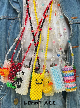 手工制作彩色可爱樱桃笑脸熊猫口红包打火机串珠斜挎项链包