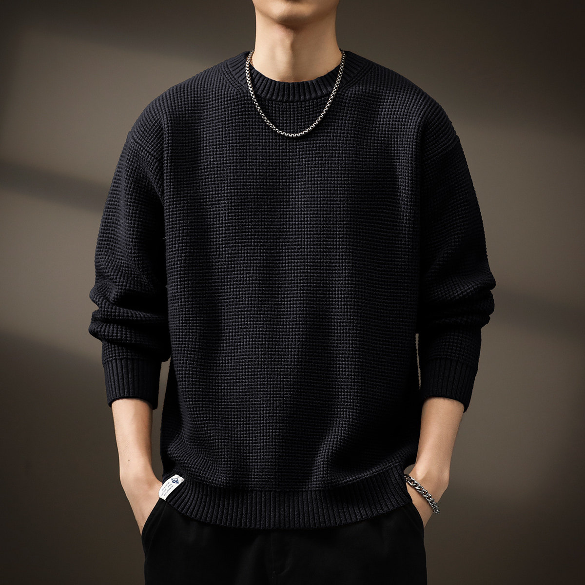 高级感日系复古圆领毛衣男秋季新款宽松潮牌内搭线衣慵懒风针织衫