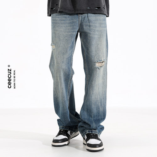 扎花做旧破洞牛仔裤男美式潮