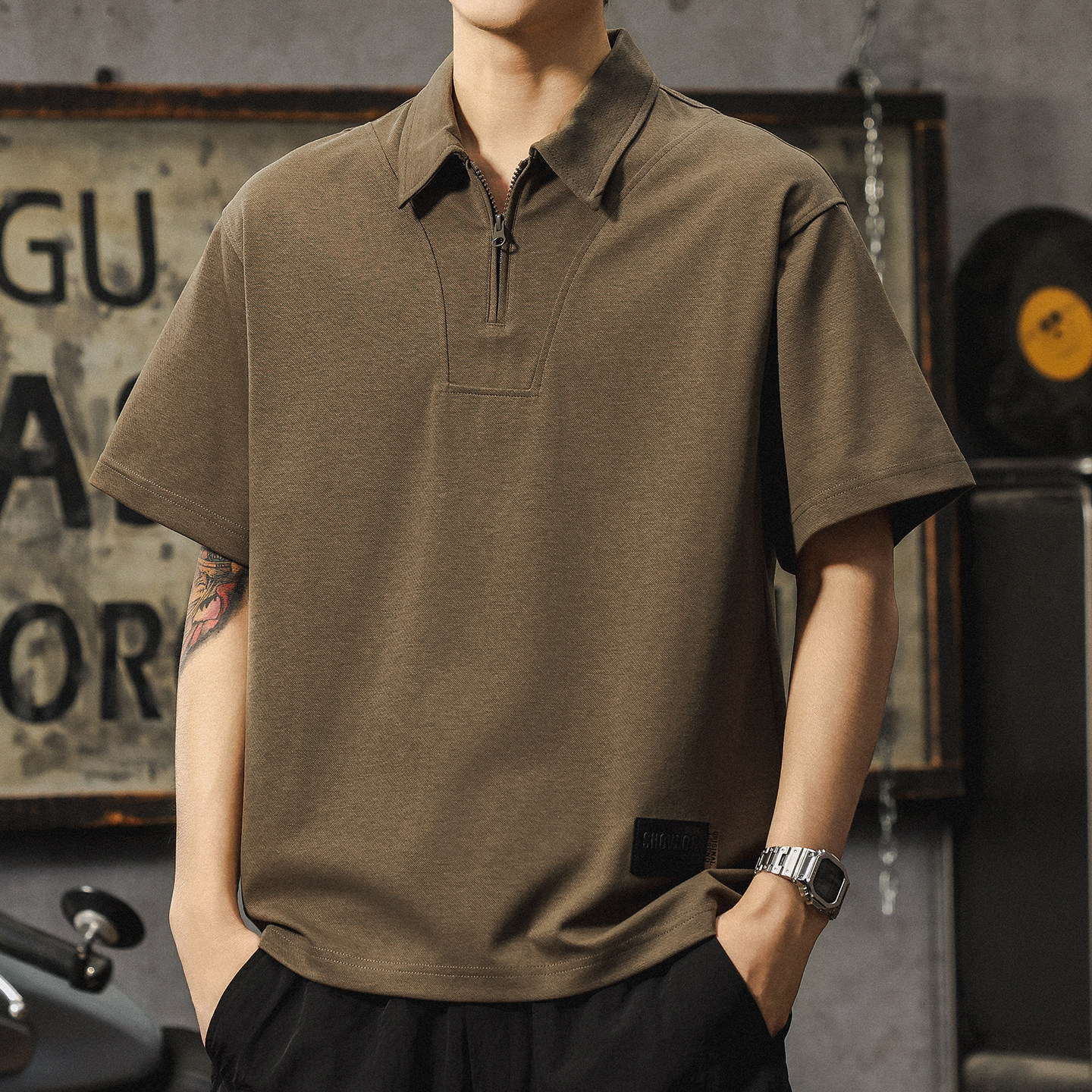 高端莱赛尔天丝t恤潮牌美式半拉链短袖polo衫男士宽松大码保罗衫