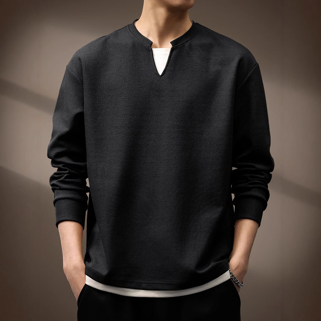 高端日系肌理感V型Polo衫男春秋新款假两件长袖休闲通勤男士T恤潮
