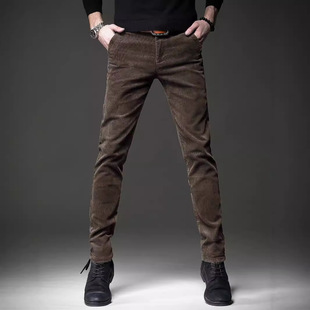 秋季商务高端加绒灯芯绒休闲裤男潮牌修身小脚弹力轻商务条绒男裤