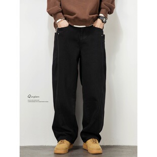黑色牛仔裤男宽松直筒垂感阔腿裤子美式潮牌休闲弯刀裤痞帅春秋款