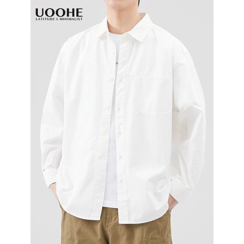 UOOHE白色长袖衬衫男士春季新款休闲商务领证纯棉衬衣外套男生