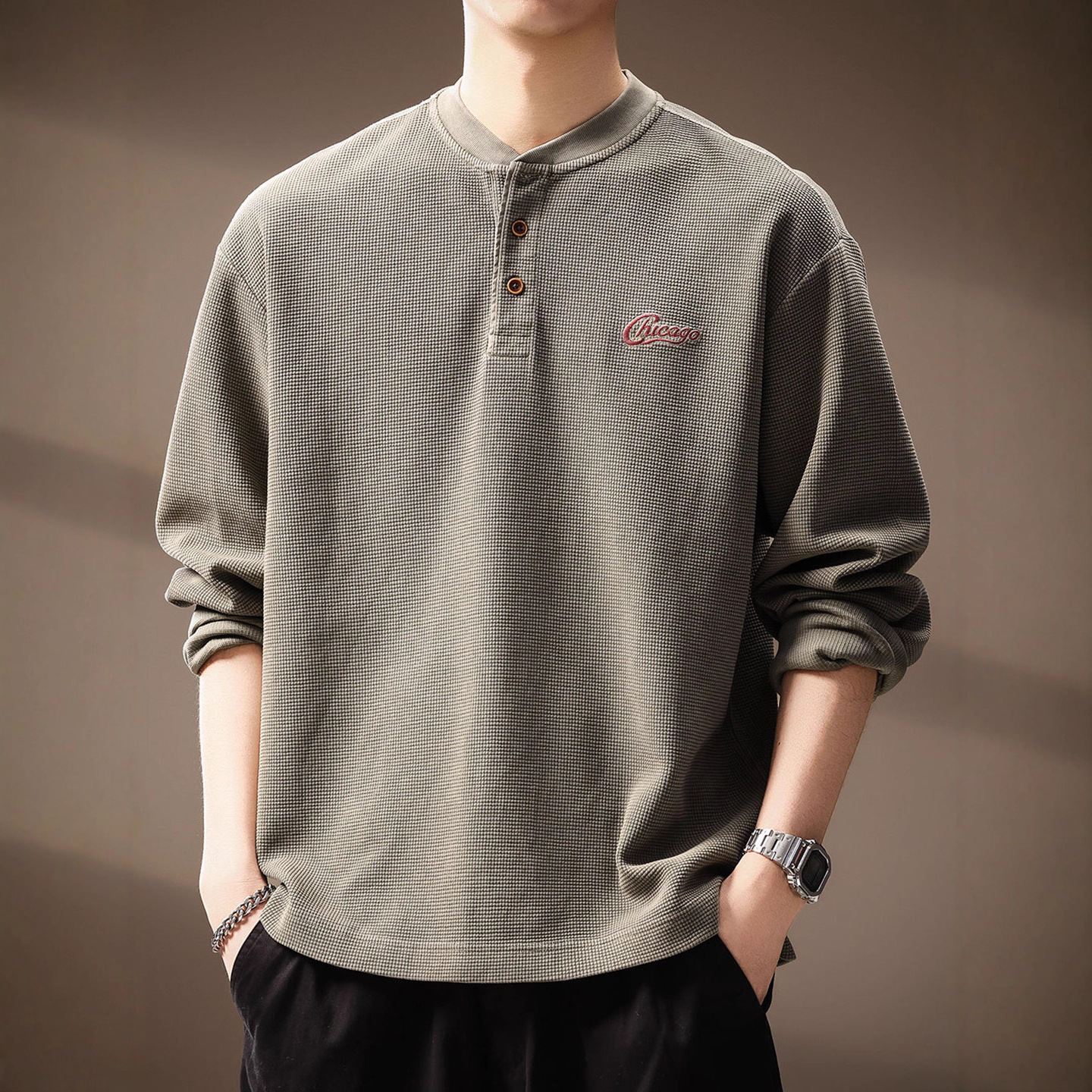 美式复古华夫格卫衣男长袖T恤
