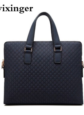 Double Zipper Genuine Leather Men Briefcase Blue Shoulder D