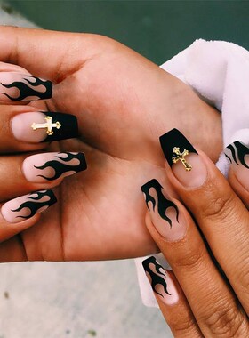 24pcs False Nails with Black Flame Designs Ballerina/Stilet