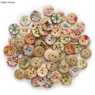 15mm 50pcs 2 Hole Printing Flower Round Coconut Buttons Clot
