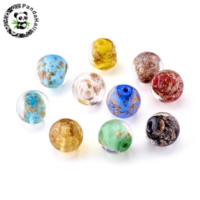 20pcs Mixed Color Round Handmade Lampwork Gold Sand Beads, S