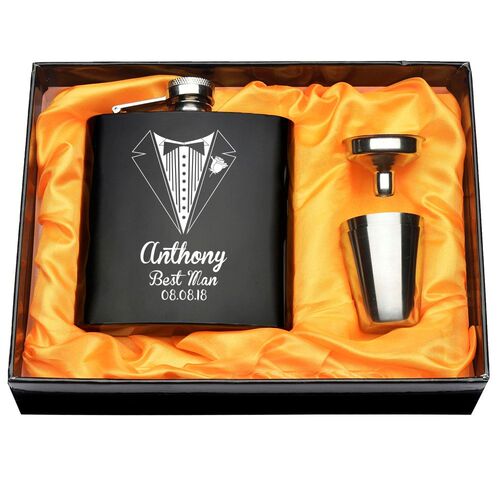 Set Of Engraved Customized 6oz Black Hip Flask Set funnel B