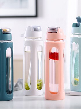 600ML 540ML Glass Water Bottle Straw With Plastic Protective