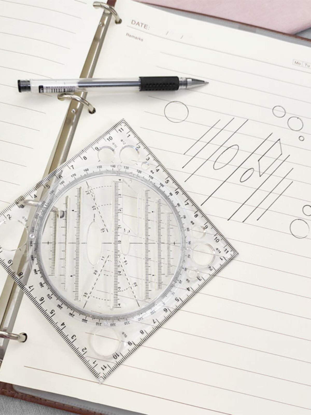 원 기하학적 도형 눈금자 그리기 손으로 쓴 보고서 측정 디자인 도면을 빠르게 그릴 수 있는 회전 가능한 다기능 눈금자