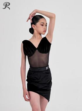 RDesign拉丁舞服丝绒网纱拼接无袖上衣包臀练习练功训练服黑色