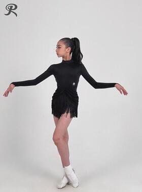 RDesign拉丁舞服露背一字带流苏连衣裙长袖练习练功训练服黑色