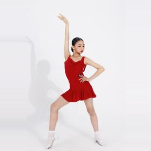 RDesign拉丁舞服丝绒吊带上衣连衣裙背后蝴蝶结练习练功训练服红