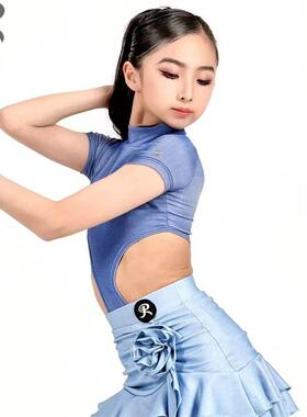RDesign拉丁舞服短袖露腰连体上衣牛仔花朵短裙练习练功训练服