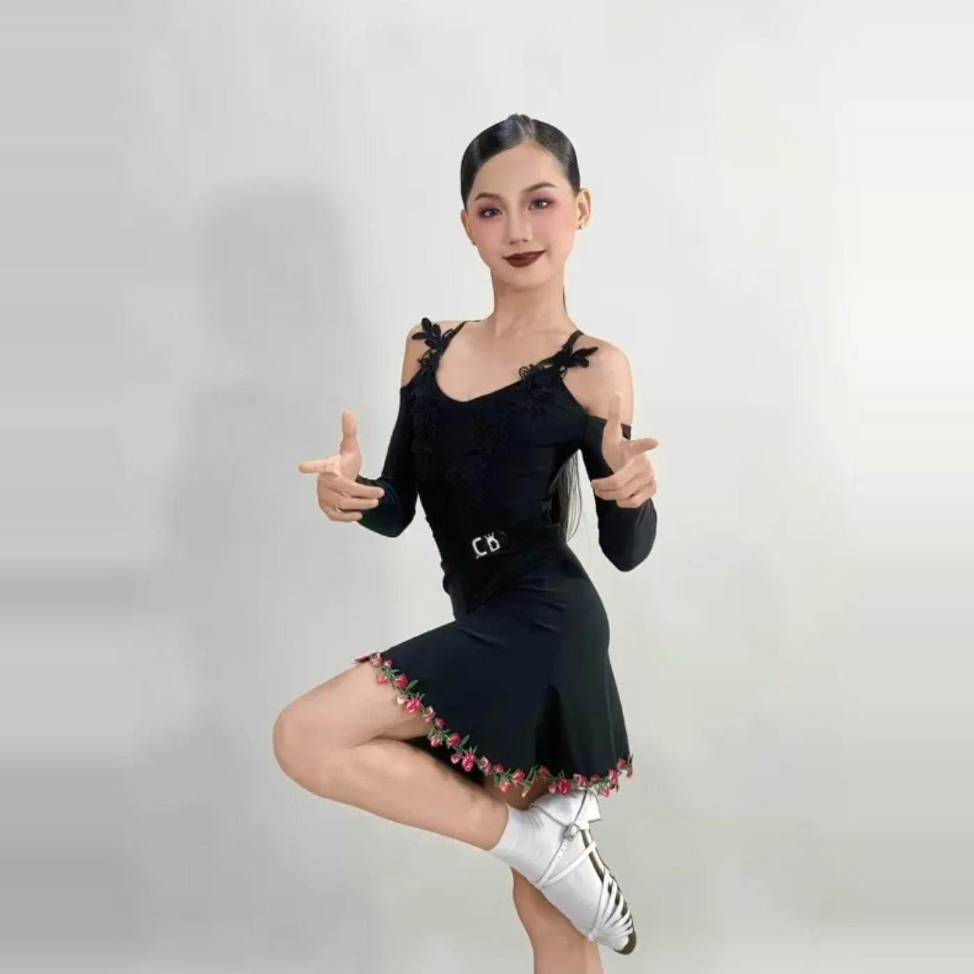 CD卡门拉丁舞服吊带漏肩长袖上衣黑色短裙刺绣花边练习练功训练服