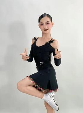 CD卡门拉丁舞服吊带漏肩长袖上衣黑色短裙刺绣花边练习练功训练服