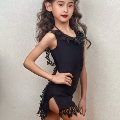 TOP国标拉丁舞服黑色连衣裙美背亮片蕾丝练功练习训练服表演