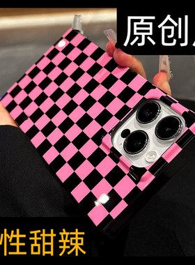原创ins棋盘格大孔适用苹果16手机壳17新款2026女款高级感iPhone15promax小众创意硬壳14p网红爆款13保护套ip