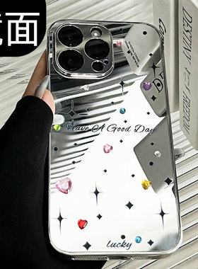 补妆镜面适用苹果14手机壳女新款17e高级感13pro网红12镜子款iPhone14promax小众女生高级全包镜头玻璃11甜酷