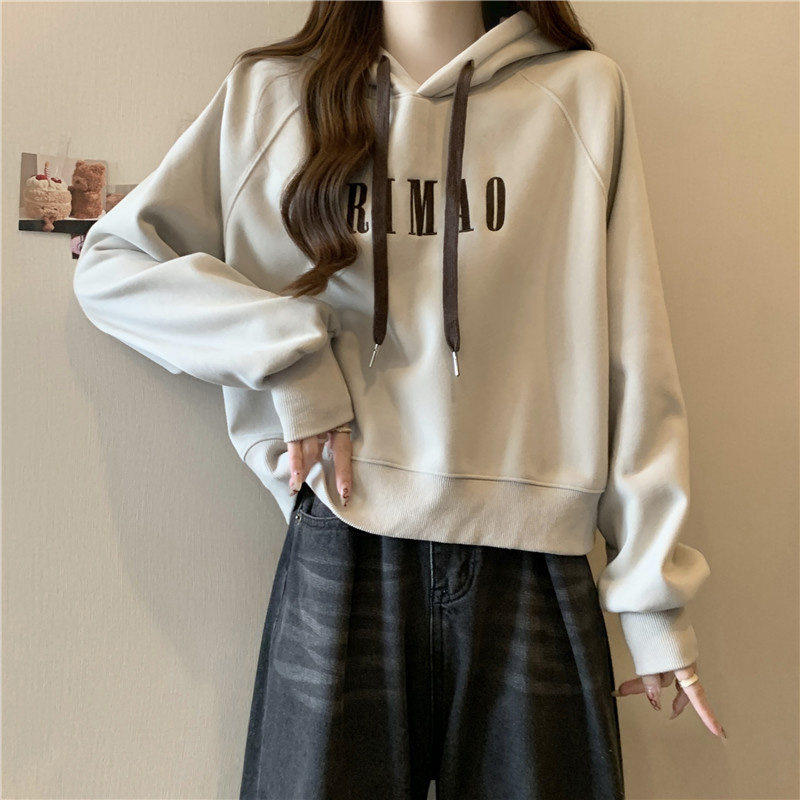 美式复古短款印花连帽卫衣女秋冬2026新款加绒加厚长袖套头帽衫