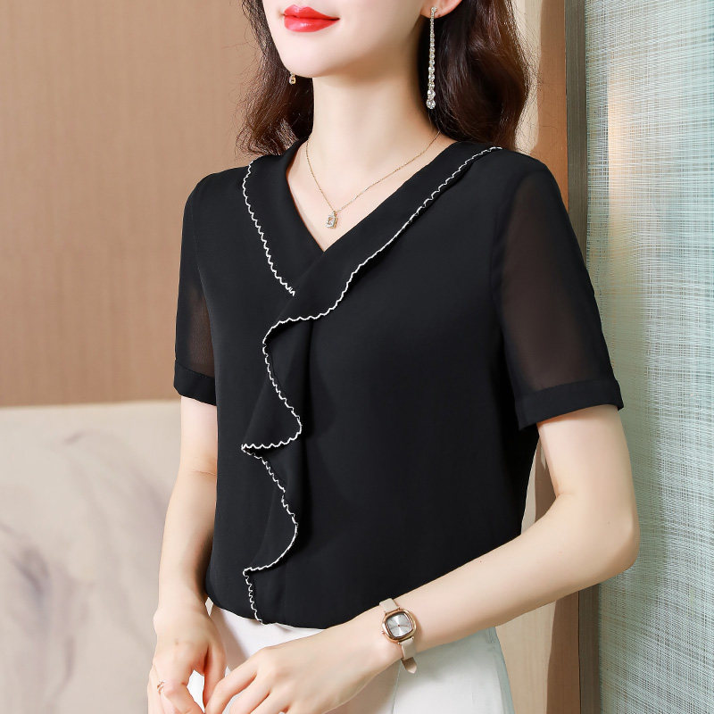 法式洋派V领短袖雪纺衫女夏季2026新款气质百搭黑色显瘦宽松上衣