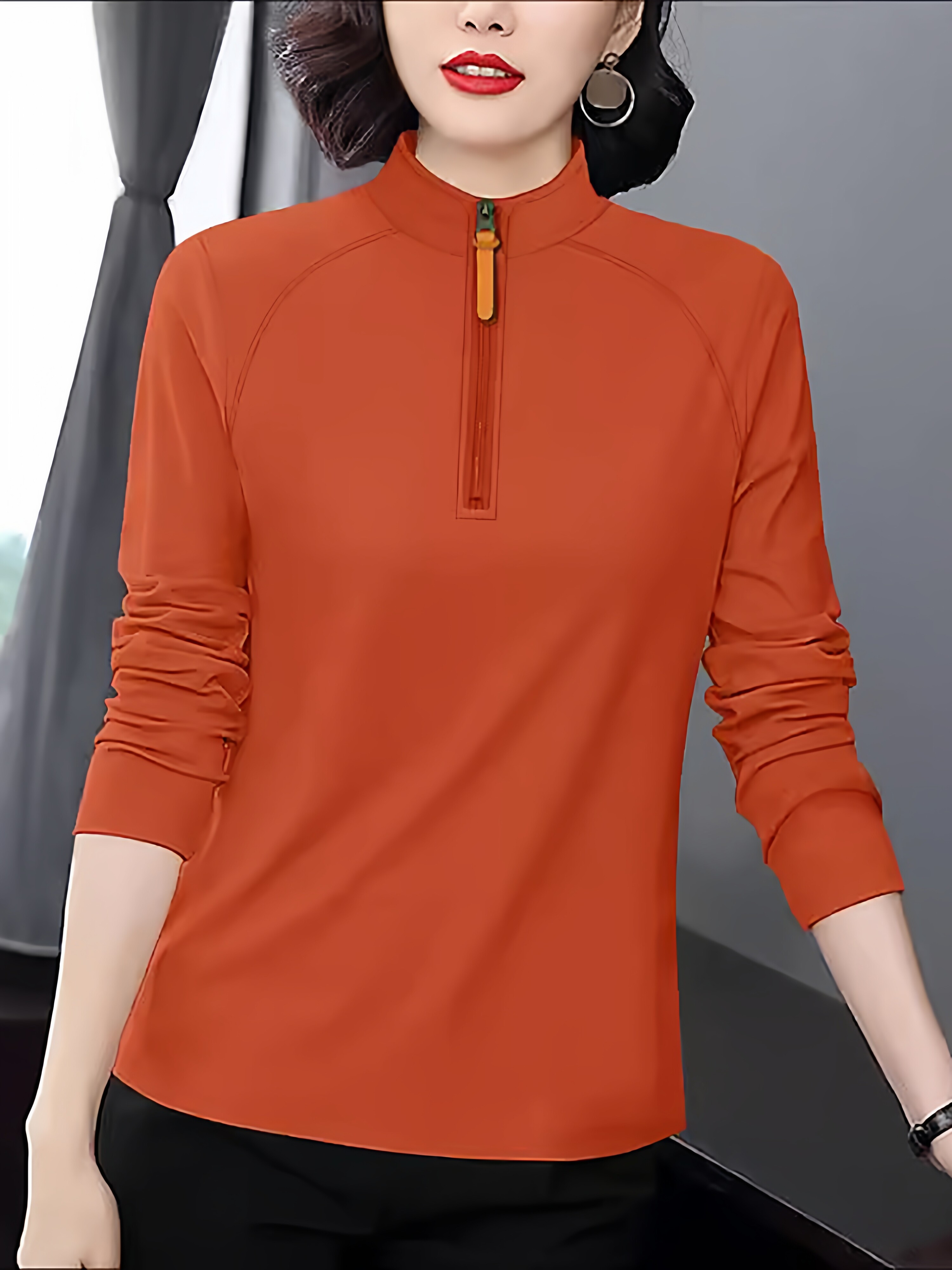 2025春秋新款纯棉立领半拉炼长袖T恤女装休闲运动宽松打底衫上衣
