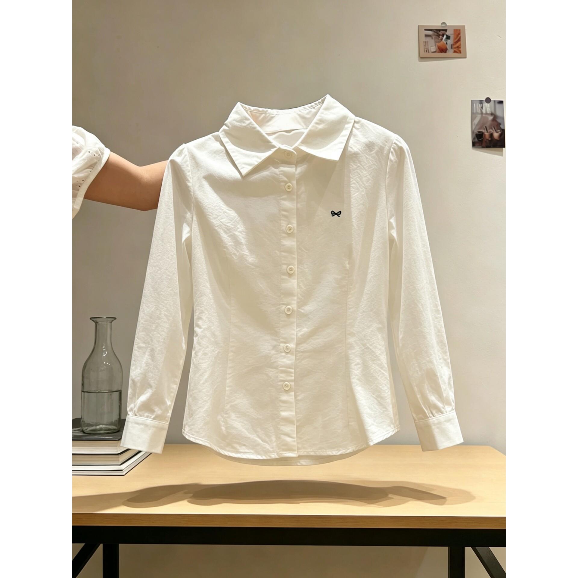 休闲简约纯棉刺绣长袖白衬衫女春秋2026新款修身显瘦叠穿开衫衬衣