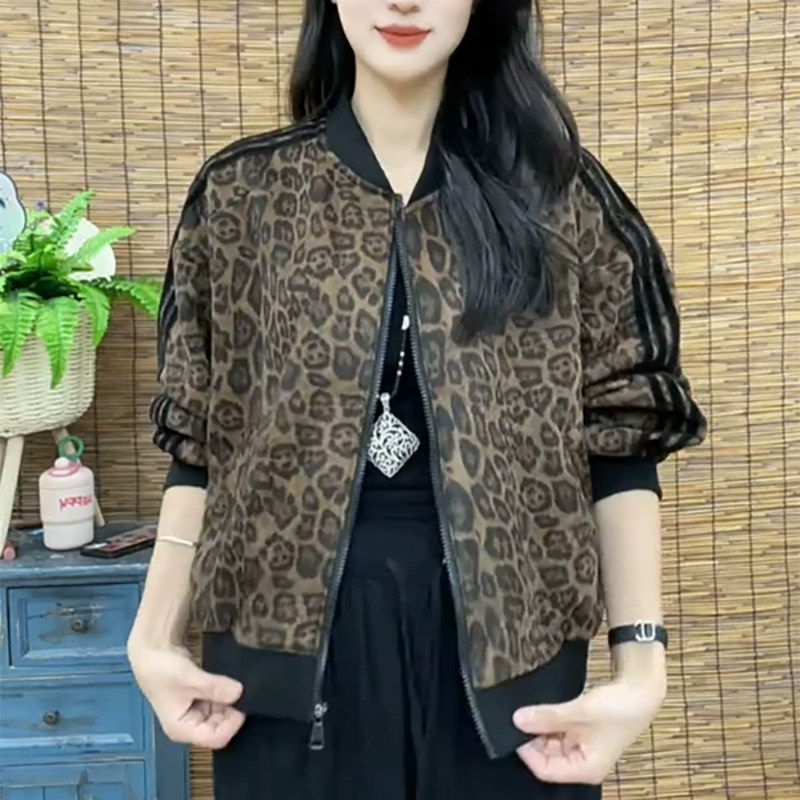 洋气棒球领外穿豹纹开衫外套女2026秋季新款宽松百搭休闲长袖夹克