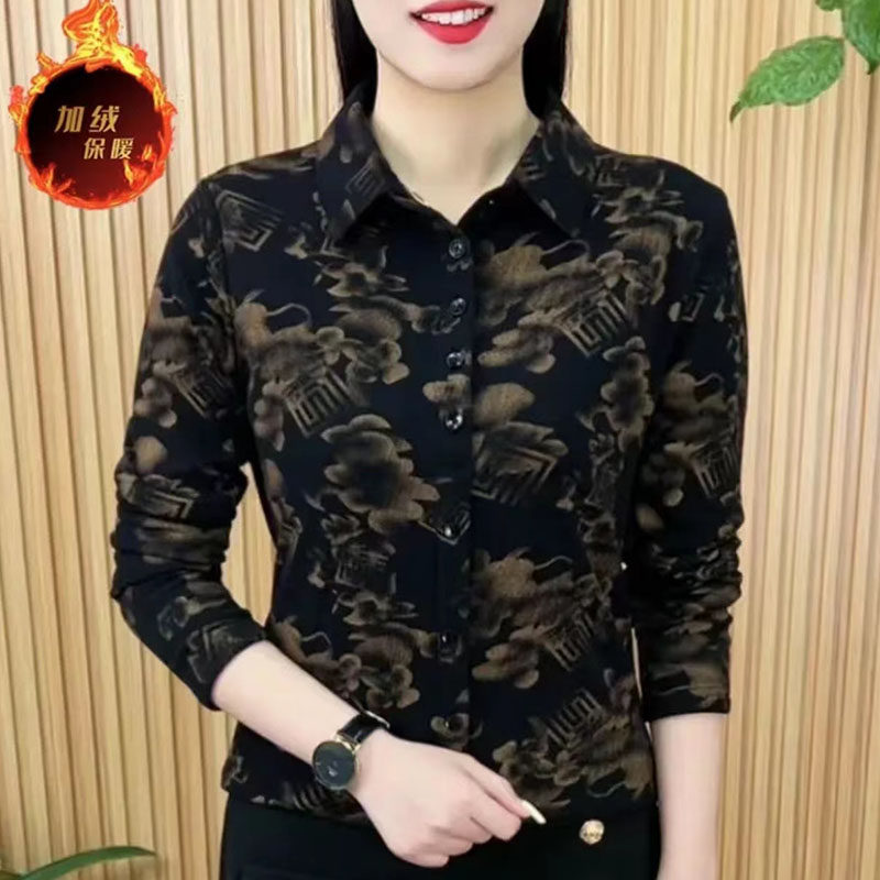 2025秋冬新款洋气印花翻领加绒女装长袖衬衫休闲减龄保暖大码上衣