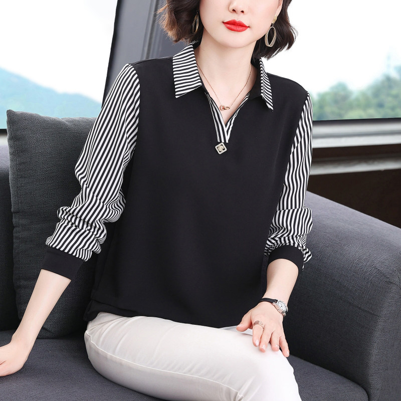 中年妈妈条纹拼接气质假两件长袖上衣秋季2025新款宽松显瘦打底衫
