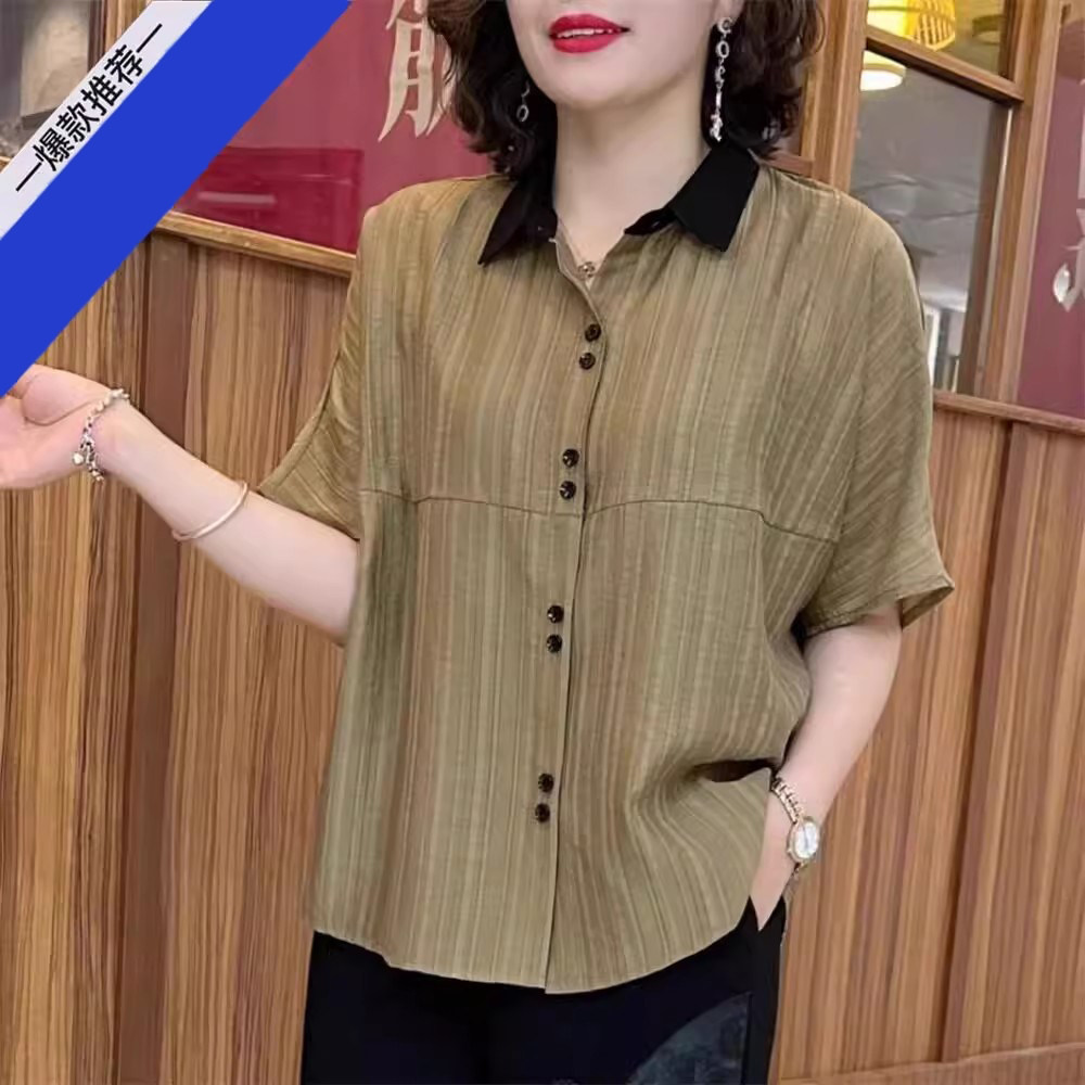 夏季新款中年妈妈撞色翻领棉麻短袖衬衫时尚女装宽松显瘦纯色上衣