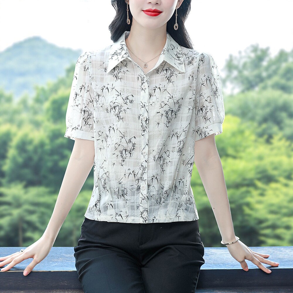 优雅时髦女装印花雪纺衬衫2026夏季新款轻薄透气宽松短袖休闲上衣