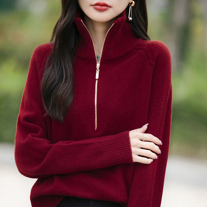 2026早春新款时髦高领半拉链针织衫女洋气减龄妈妈装纯色软糯毛衣