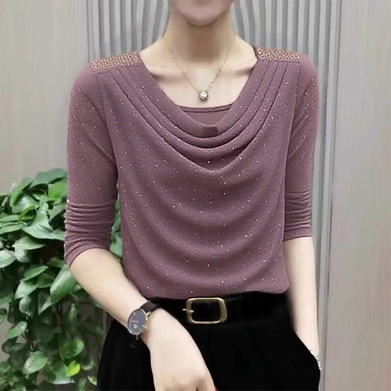 洋气镶钻堆堆领长袖网纱打底衫2026春秋新款中年妈妈时尚圆领上衣