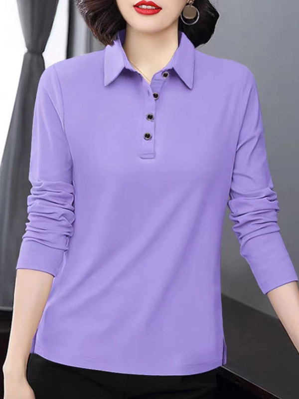 时尚纽扣纯色POLO领纯棉长袖t恤女士秋季新款洋气宽松打底衫上衣