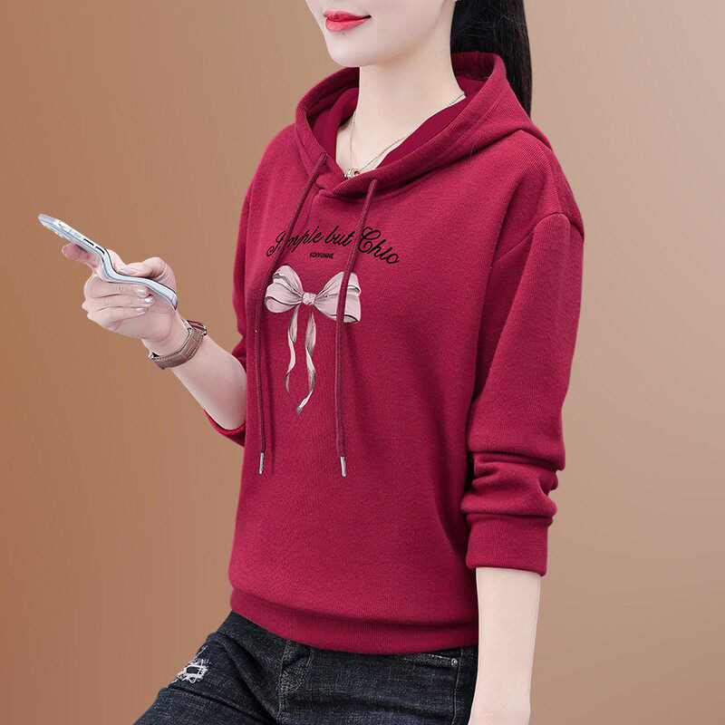 中年妈妈时尚印花连帽卫衣2026新款春秋大码女装宽松显瘦长袖上衣
