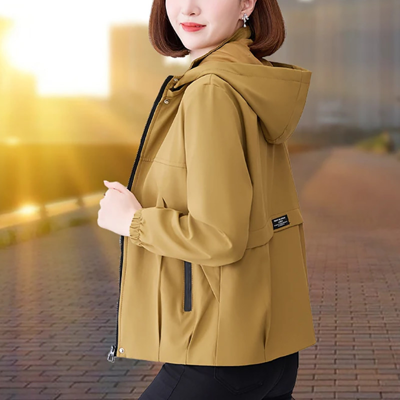 小个子妈妈纯色短款连帽夹克外套女2026春秋新款宽松百搭长袖风衣