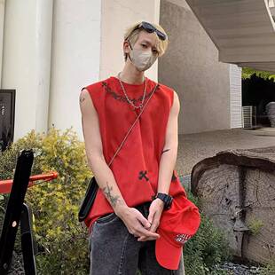 酒红色美式街头坎肩背心男麂皮300g重磅无袖T恤潮牌篮球马甲夏季